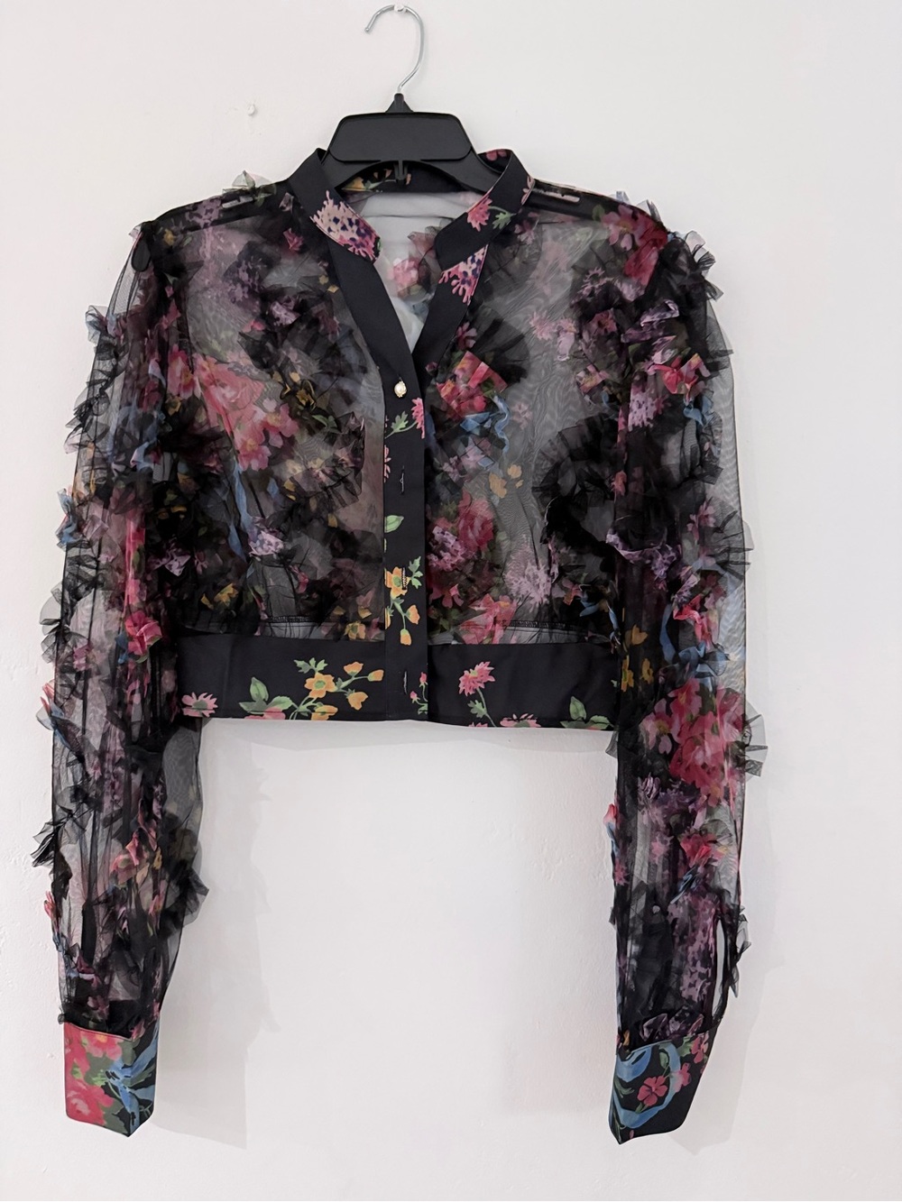 SHEIN Black Sheer Floral Ruffle Cropped Blouse with Pink and Blue Accents